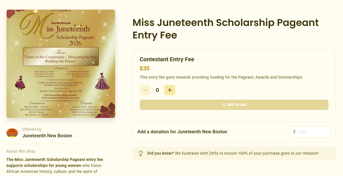Zeffy Scholarship Pageant 2026 Fee